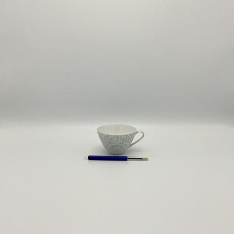 Arzberg porcelain tea cup with pen for reference. Design called 2025 with decor filigrangrau by Heinrich Löffelhardt