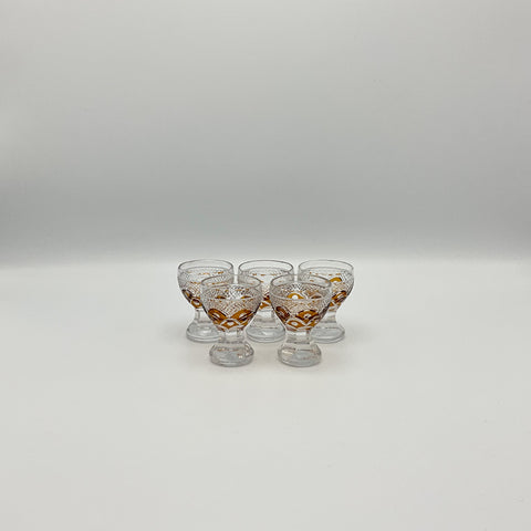 five lead crystal schnapps glasses with amber decor hand cut by Julia Poland