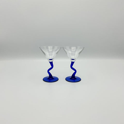 Libbey USA memphis style martini glasses with zig zag kobalt blue stem