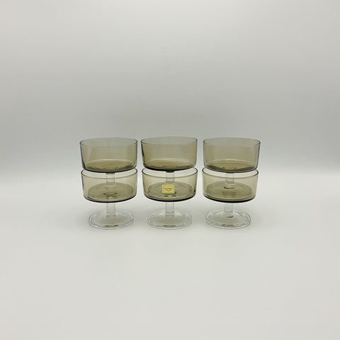 Set van 6 vintage Cavalier Suede glazen in rookglas met heldere voet