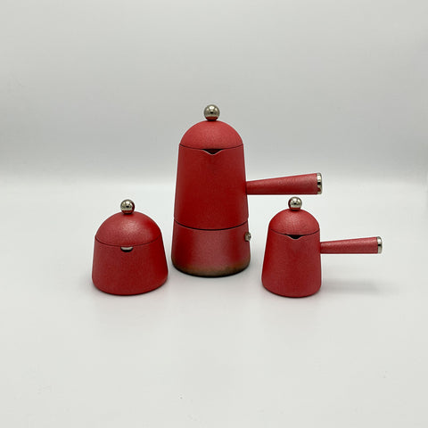 Carmecita Lavazza vintage espresso maker with creamer and sugar pot in metallic red