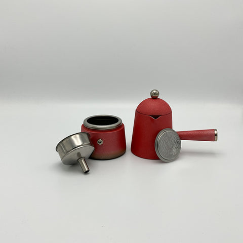 Lavazza Carmencita vintage espresso maker with creamer and sugar pot in metallic red. Complete with all parts