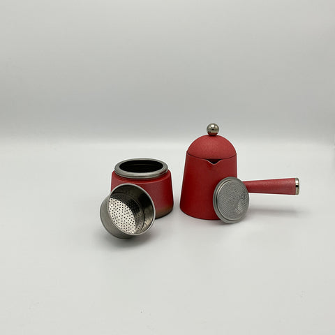 Lavazza Carmencita vintage espresso maker with creamer and sugar pot in metallic red. USed condition, comes with all parts.