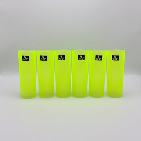 Neon yellow longdrink glasses names Techno. Made in the nineties by Luminarc, set of 6.